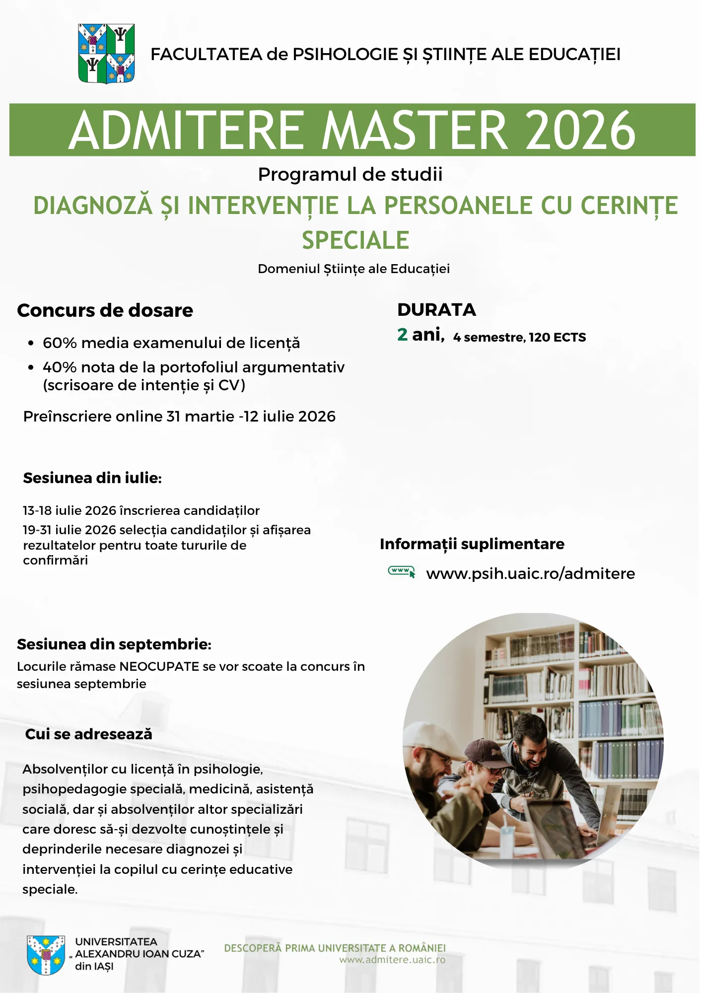 Afișul de promovare a programului de studii de masterat Diagnoză și intervenție la persoanele cu cerințe speciale