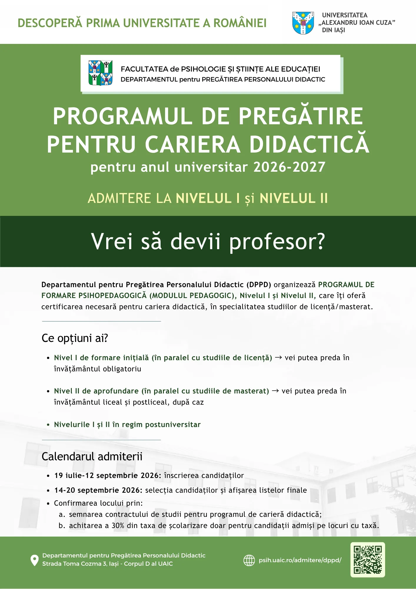 Afișul de promovare a programului de pregătire pentru cariera didactică