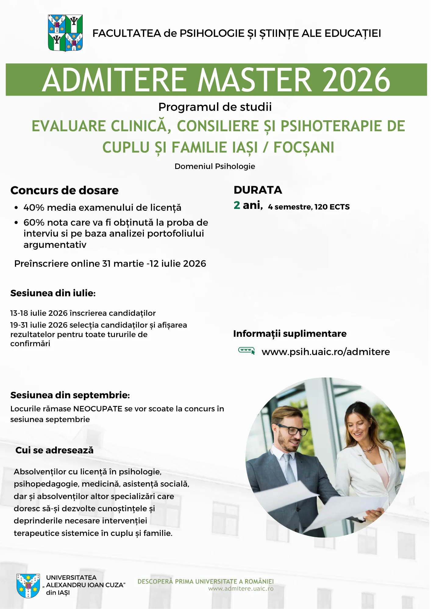 Afișul de promovare a programului de studii de masterat Evaluare clinică, consiliere şi psihoterapie de cuplu şi familie IAȘI și FOCȘANI
