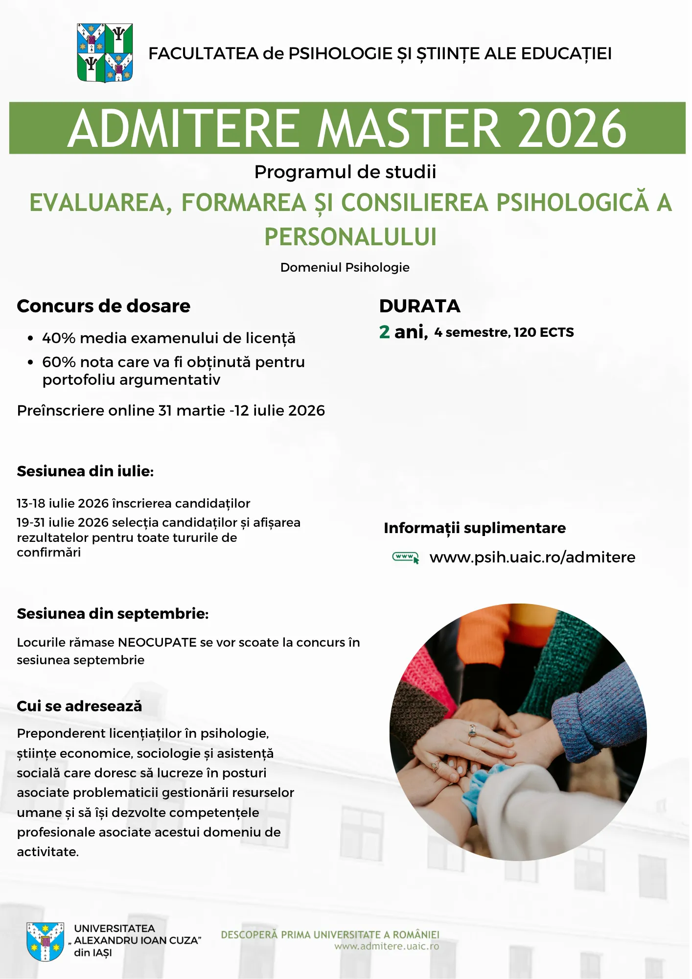 Afișul de promovare a programului de studii de masterat Evaluarea, formarea și consilierea psihologică a personalului