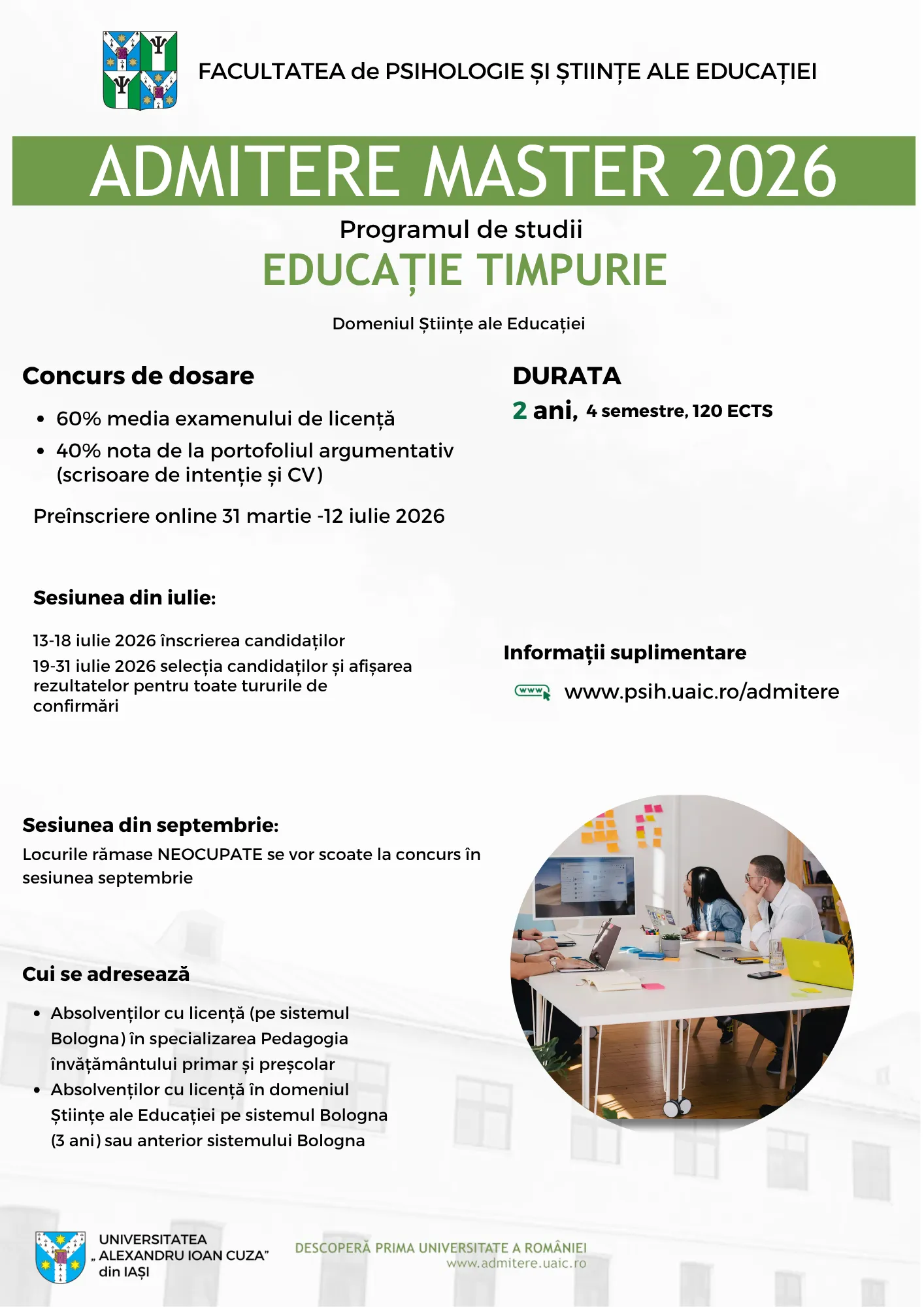 Afișul de promovare a programului de studii de masterat Educație timpurie