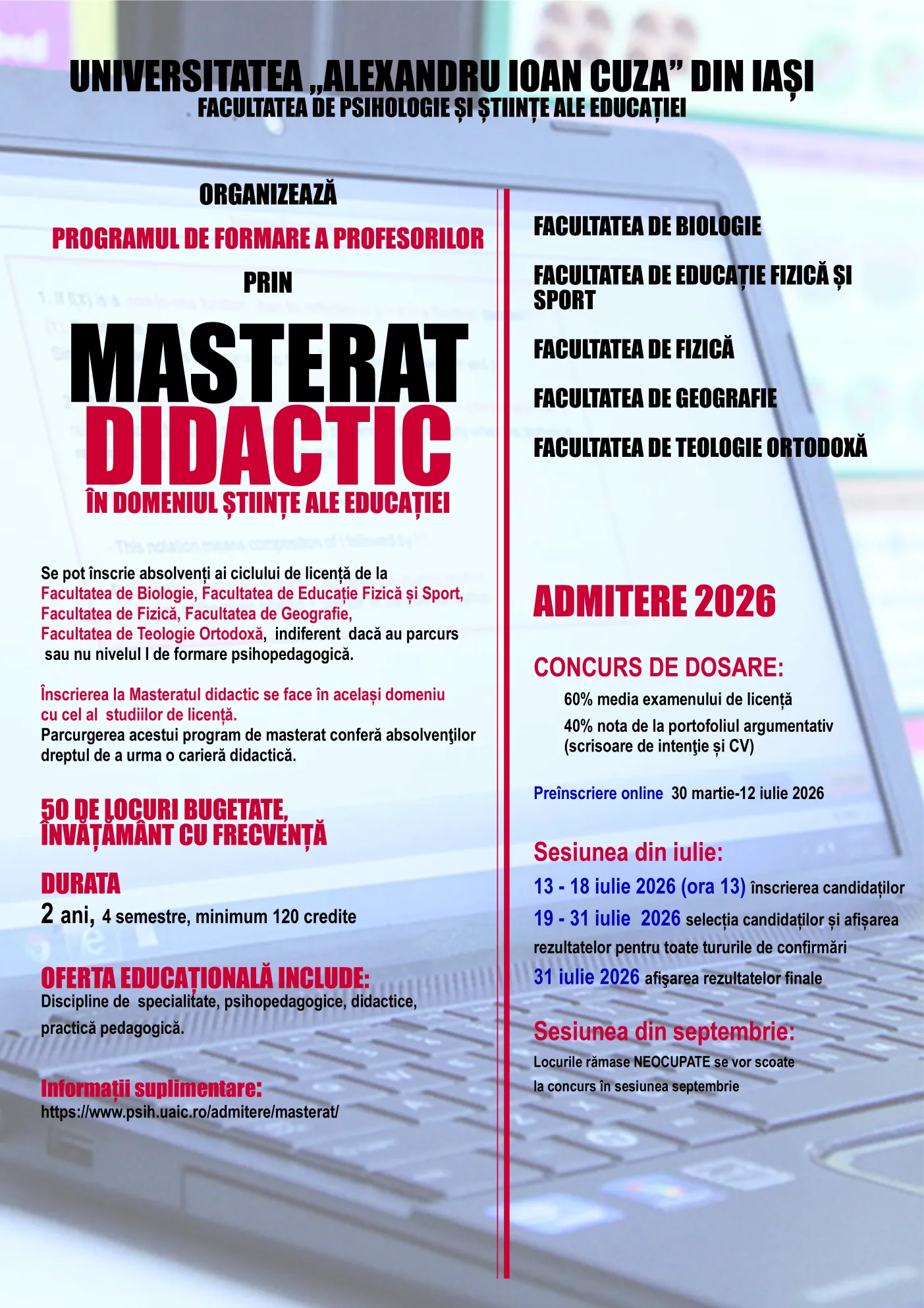 Afișul de promovare a Masteratului didactic în domeniile Biologie, Educaţie fizică și sport / Fizică / Geografie / Teologie (Teologie Ortodoxă)