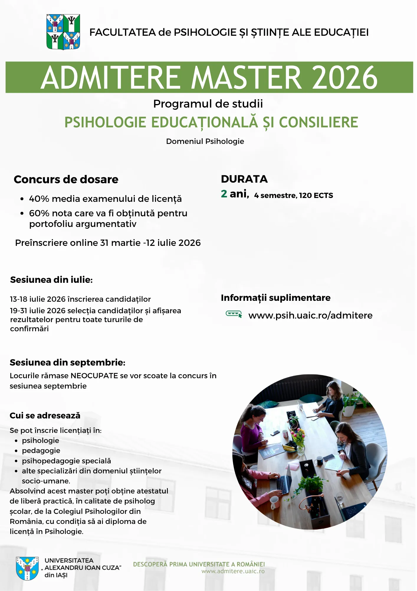 Afișul de promovare a programului de studii de masterat Psihologie educațională și consiliere