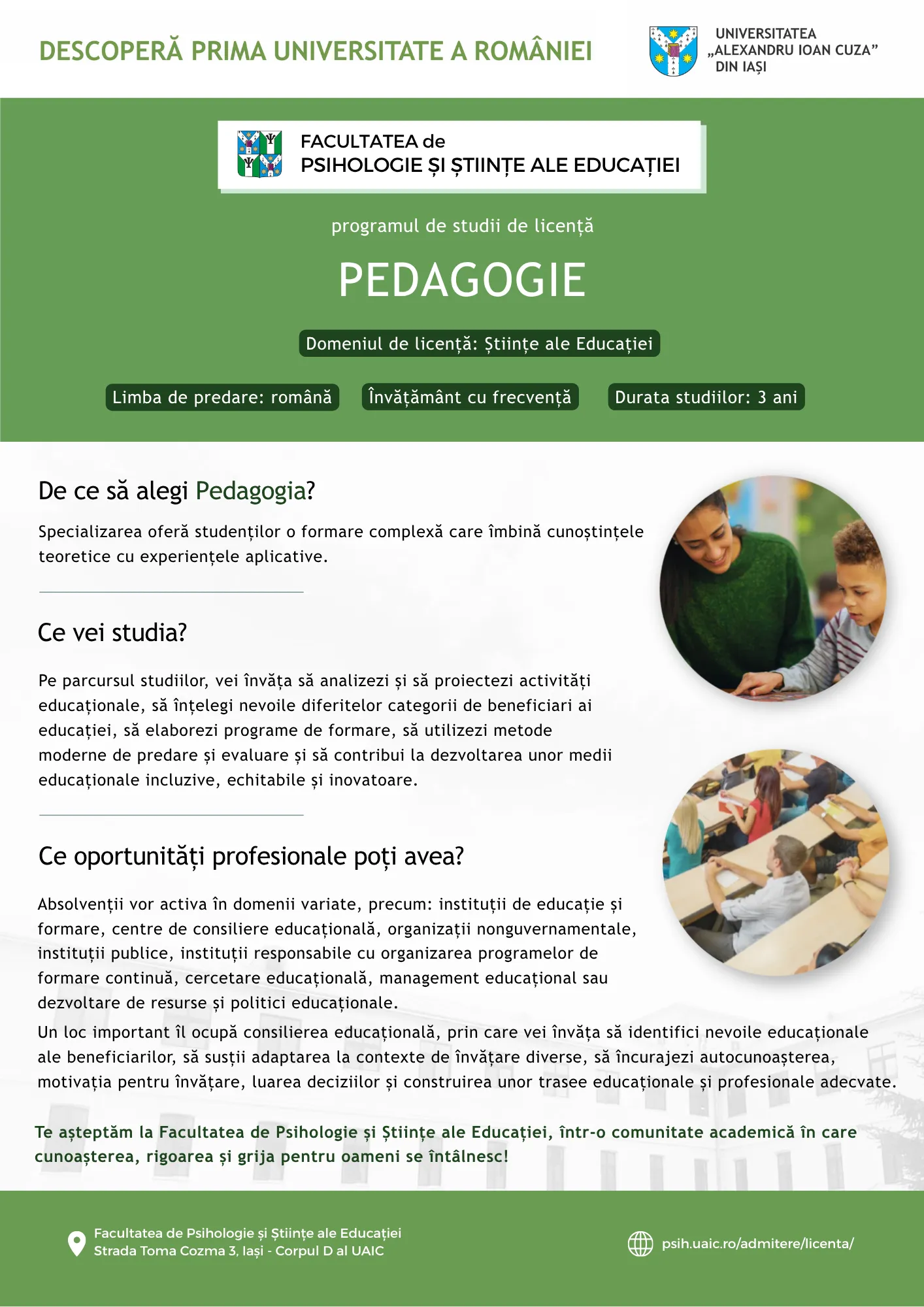 Afișul de promovare a programului de studii de licență Pedagogie