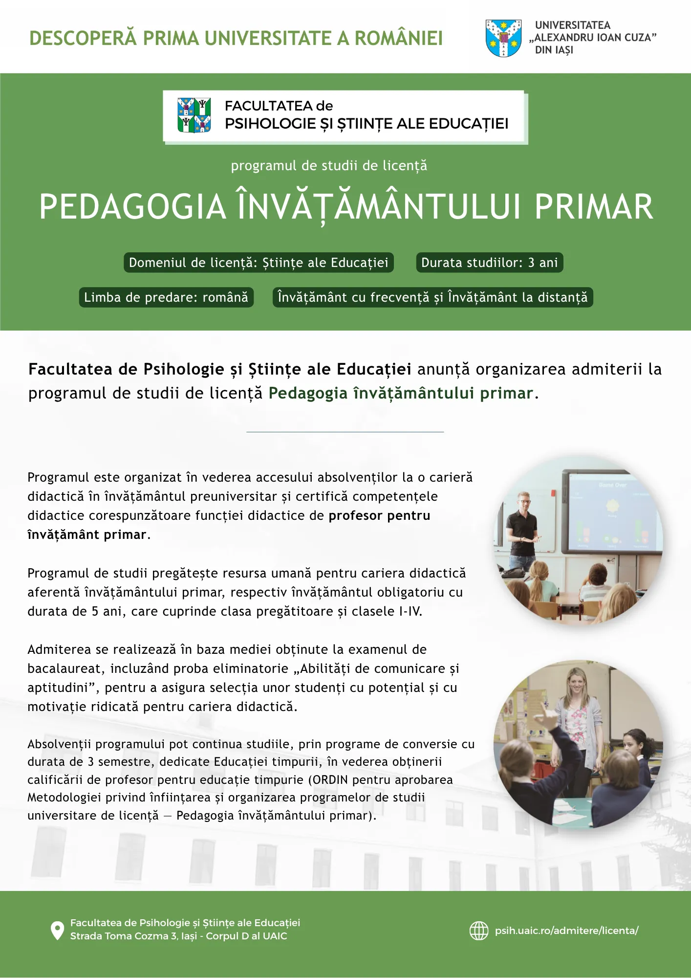 Afișul de promovare a programului de studii de licență Pedagogia învățământului primar