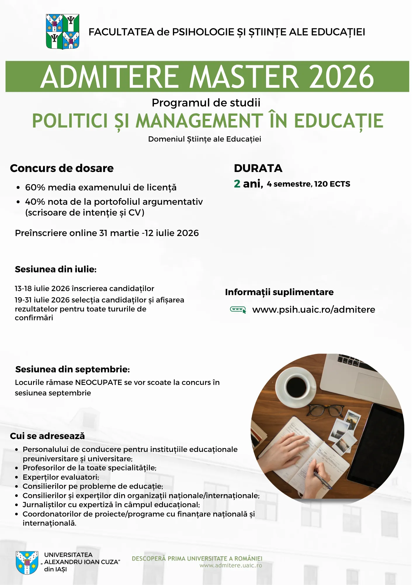 Afișul de promovare a programului de studii de masterat Politici și management în educație