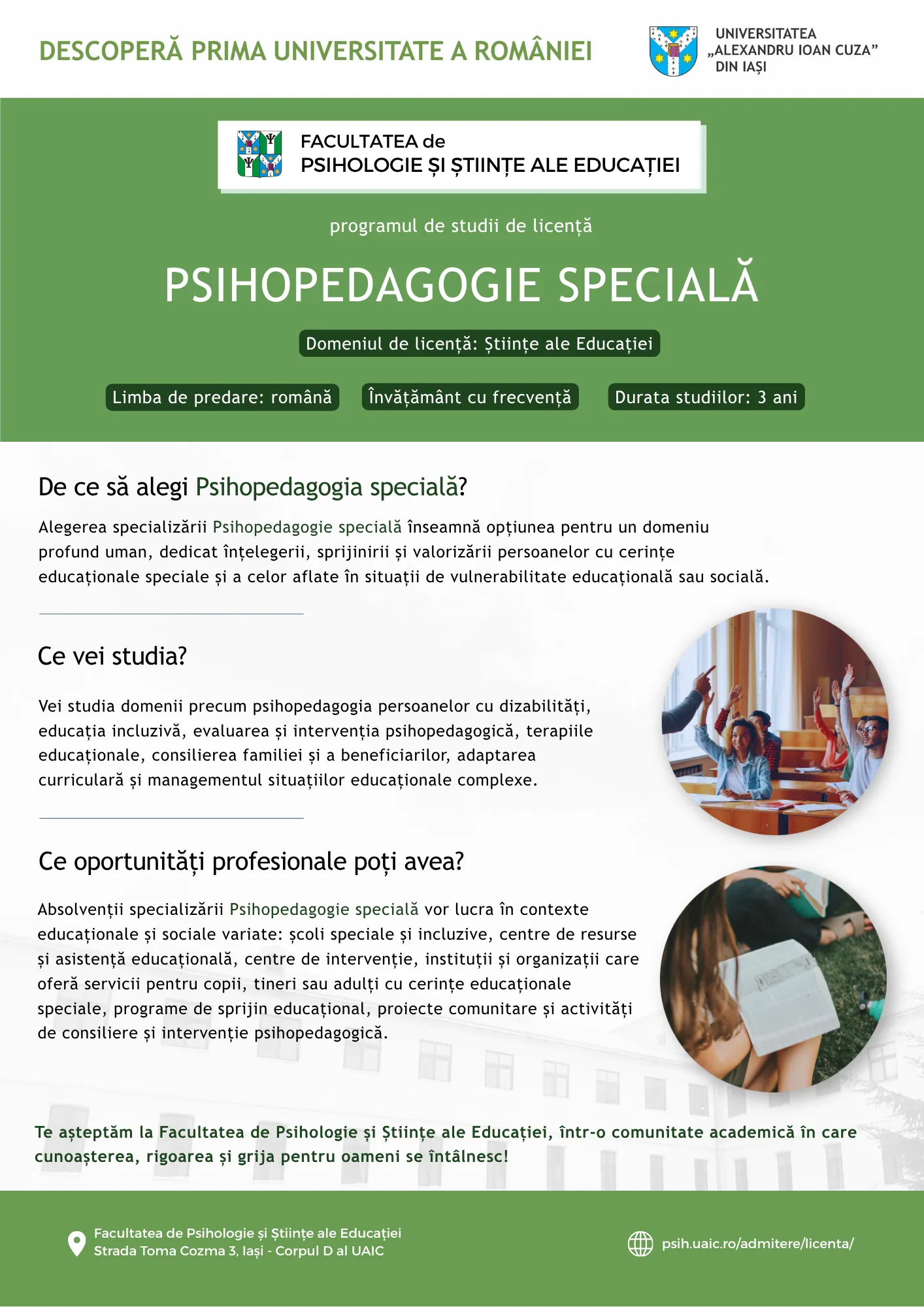 Afișul de promovare a programului de studii de licență Psihopedagogie specială