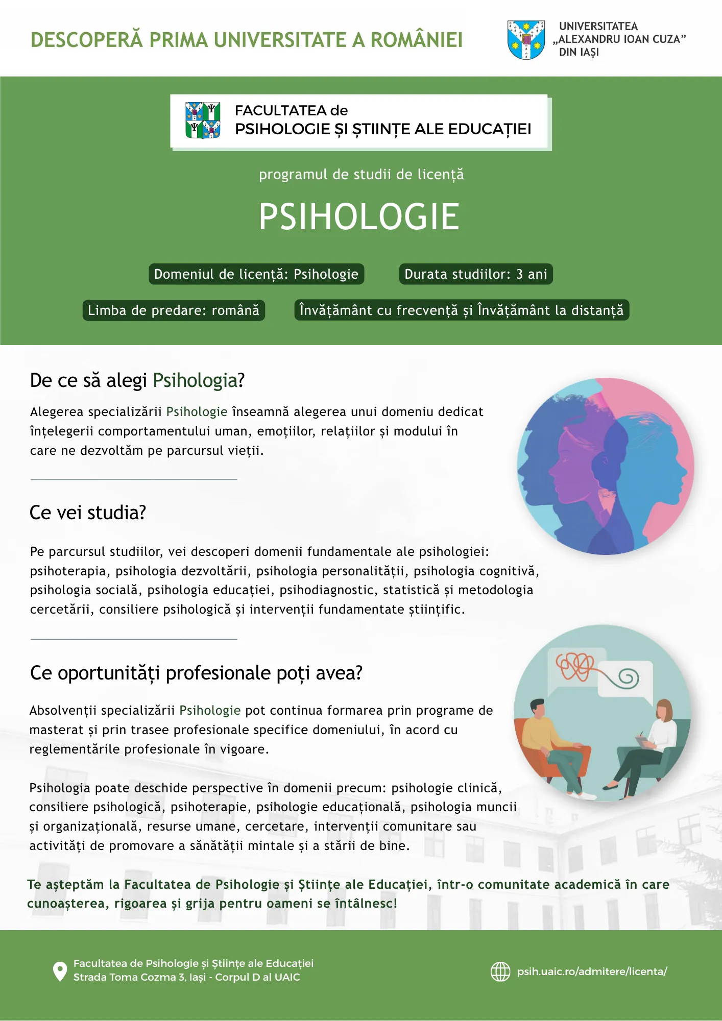 Afișul de promovare a programului de studii de licență Psihologie