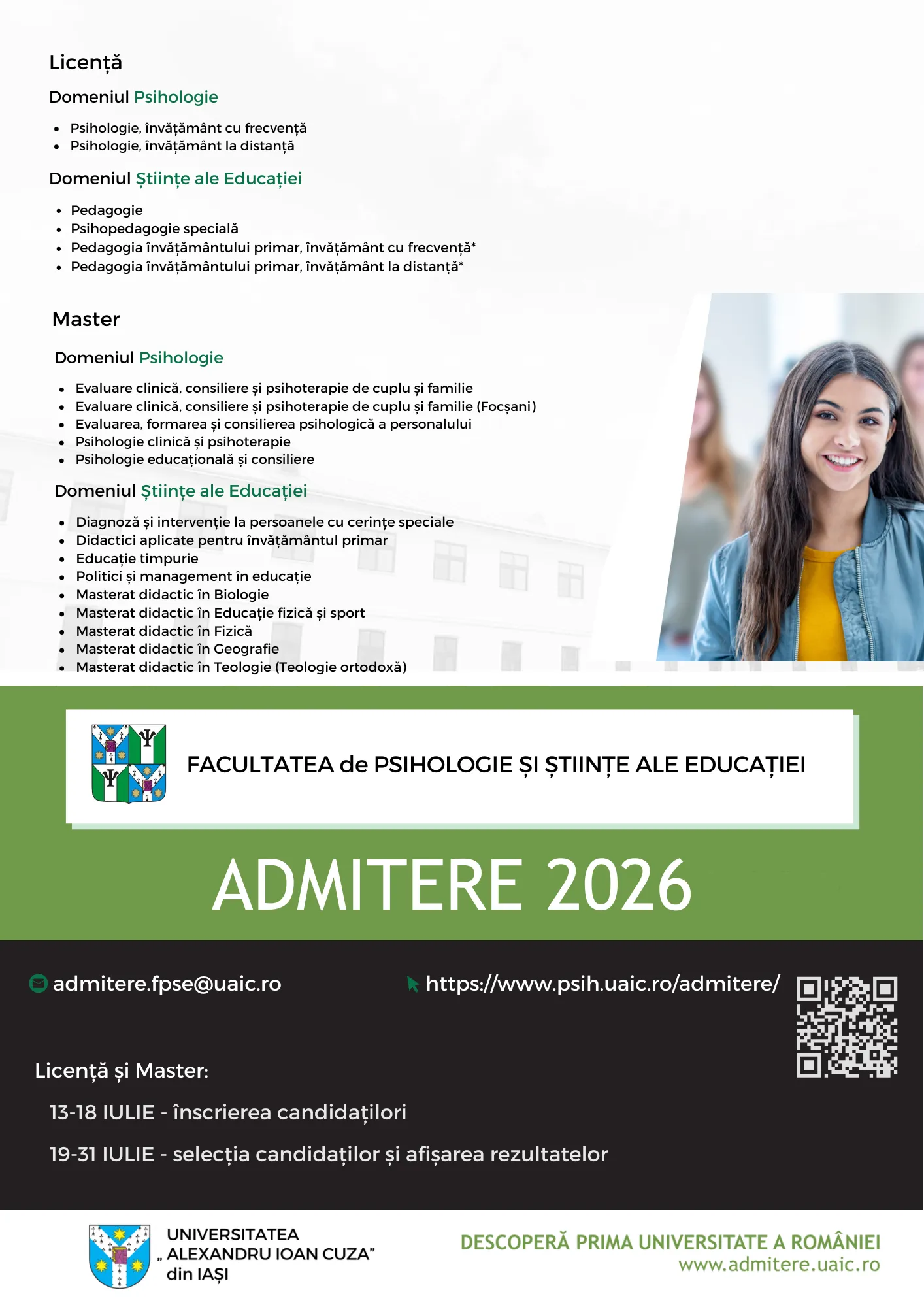 Afișul de promovare a programelor de studii de licență și masterat din cadrul Facultății de Psihologie și Științe ale Educației