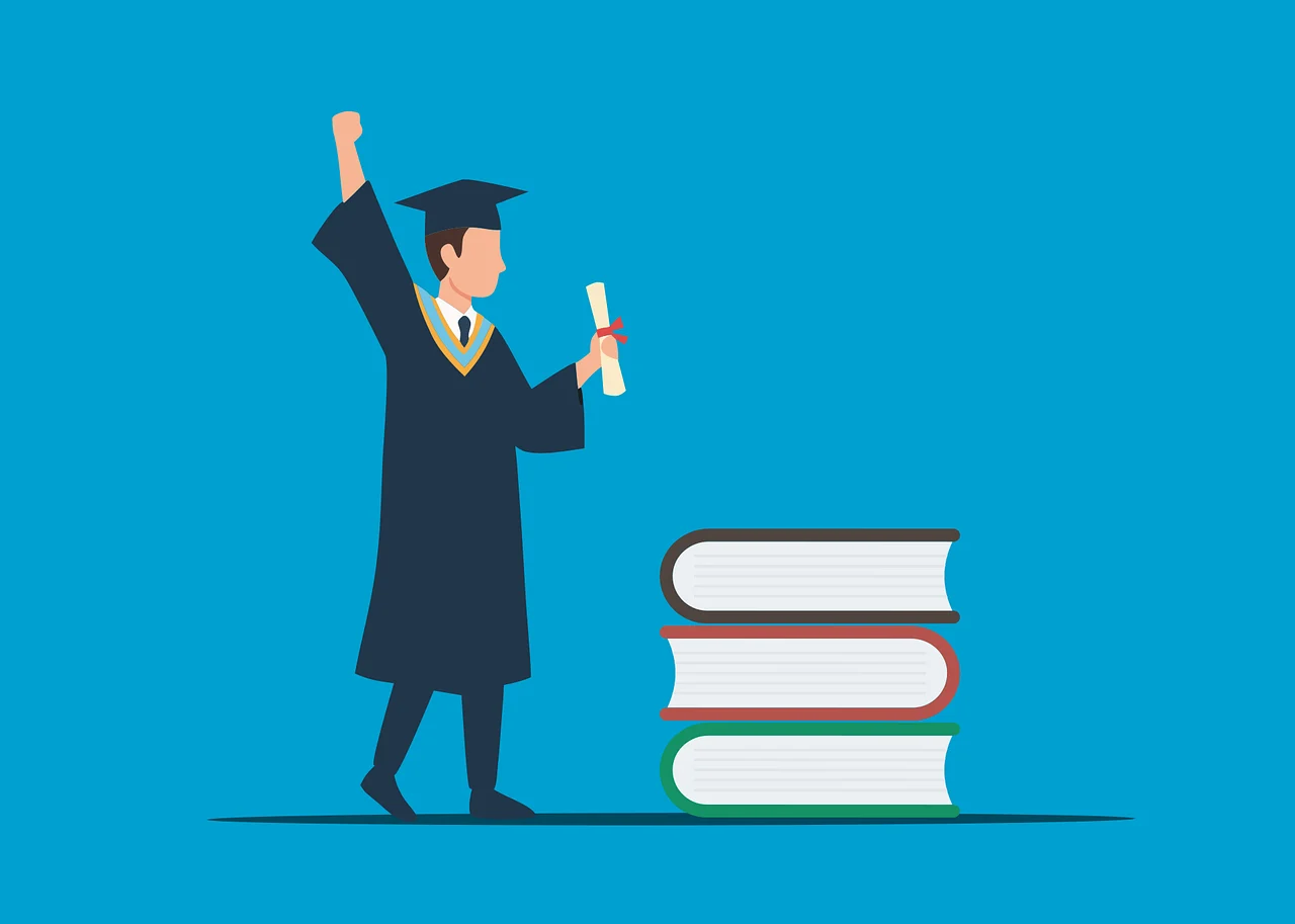 Ilustrație cu un absolvent lângă trei cărți supradimensionate așazate una peste cealaltă. El poartă robă și ține într-o mână diploma de absolvire, ridicând cealaltă mâna în semn de succes.