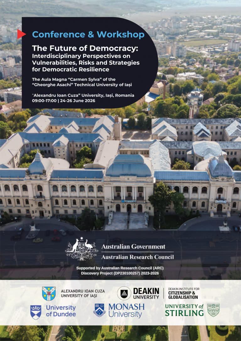 Afișul Conferinței internaționale „Viitorul democrației: perspective interdisciplinare asupra vulnerabilităților, riscurilor și strategiilor pentru reziliența democratică”